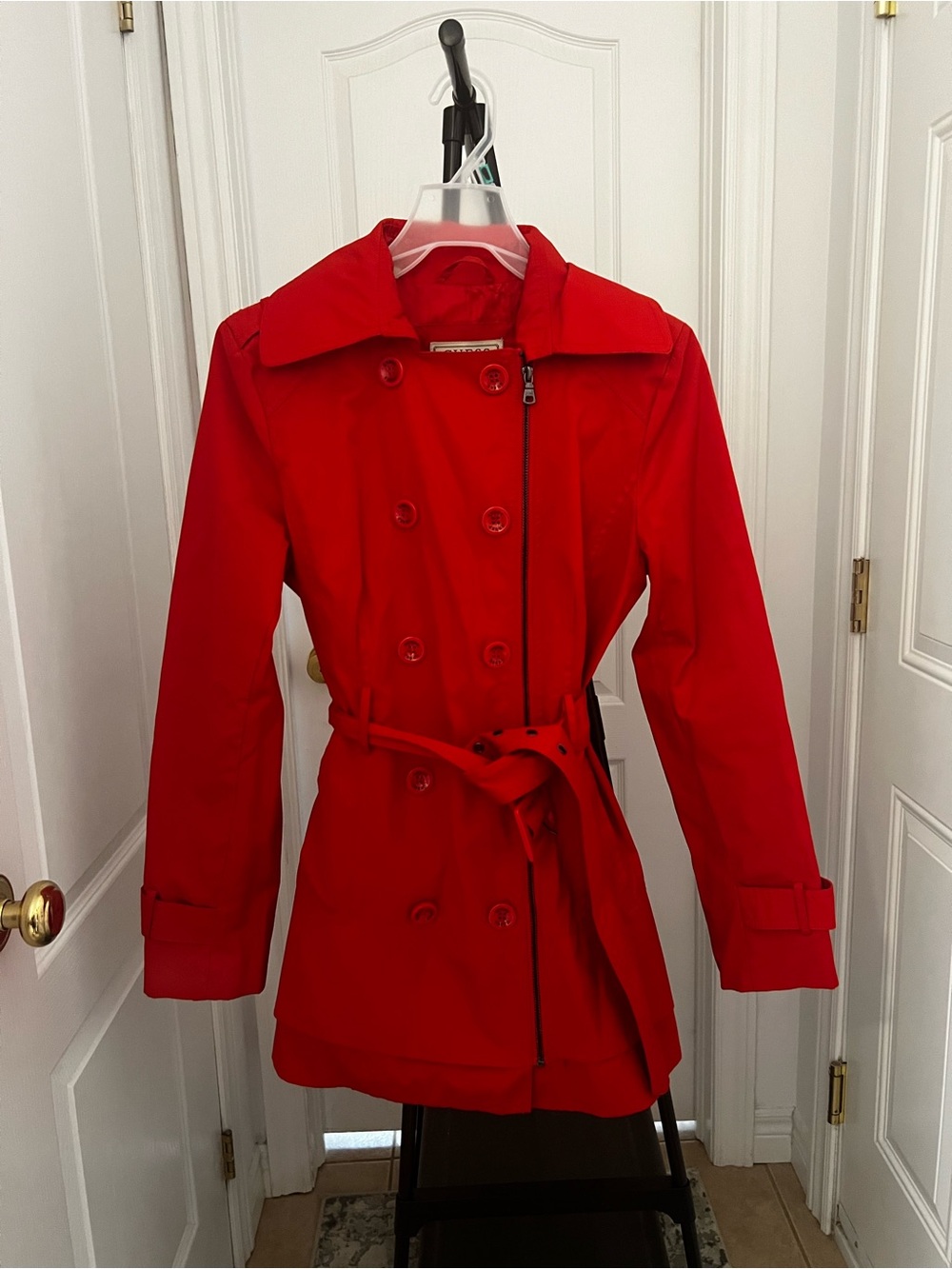 Vintage Guess Red Double Breasted Trench Coat Belted Women’s Medium - Picture 3 of 9